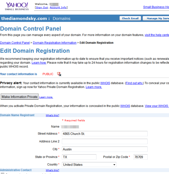 Screen capture of my Yahoo domains control panel. 